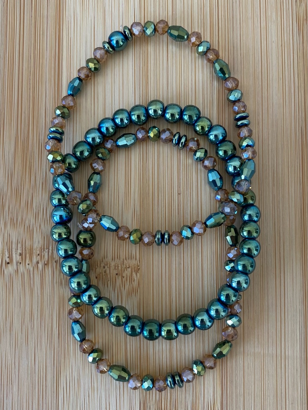 Handcrafted bracelet trio in Metallic Green and Amber (3 pieces)
